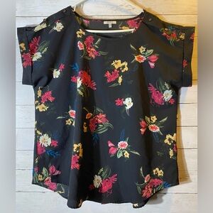 MPH Collection Womens Blouse 2X Top Black Floral Short Sleeve Button Accents